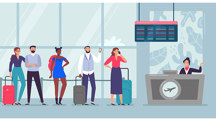 illustration of people waiting in line at an airport